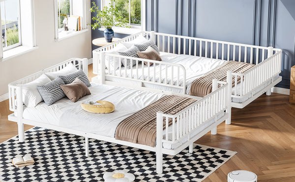 English Elm Queen Over Metal Bunk Bed Convertible Platform Frame with Safety Guardrails Light White W5305S00064