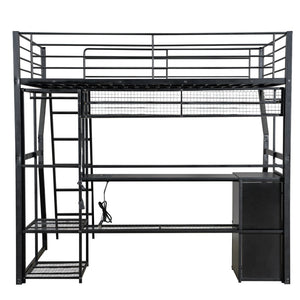 English Elm Full Size Metal Gaming Loft Bed With Workstation, Led Lights, Storage Solutions & Open Wardrobe N7090000666B