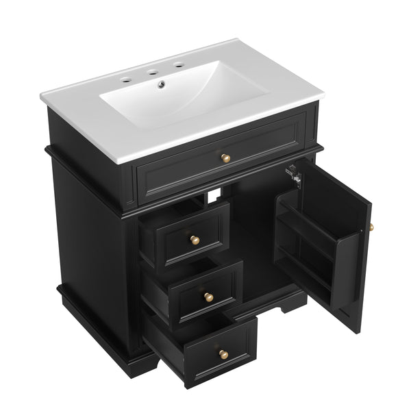 English Elm 30" Freestanding Bathroom Vanity Acacia Wood Matte Black Finish Gold Knobs Ceramic Sink N759P227429B