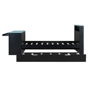 English Elm Twin Wood Gaming Daybed with Trundle Built-in Desk Rgb Lighting and Usb Port Black+Blue LT000283AAC