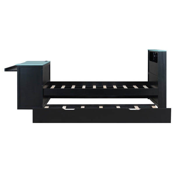 English Elm Twin Wood Gaming Daybed with Trundle Built-in Desk Rgb Lighting and Usb Port Black+Blue LT000283AAC