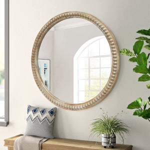 English Elm Round Decorative Wall Mirror - 27.5" Distressed Beaded Frame For Rustic Farmhouse Charm & Style W2295P389106-GIGA