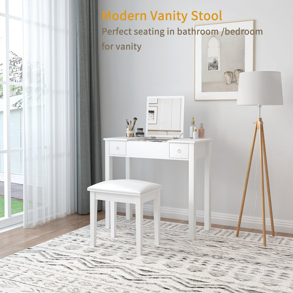 English Elm Vanity Stool with Cushion and Solid Wood Legs, White Finish — Comfortable PU Seat, Stable 264lb Load W3128P257656
