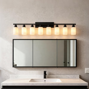 English Elm Wall Vanity Light Eight Bulb Matte Black Metal Glass Shade Modern Bathroom Fixture W5008P389870