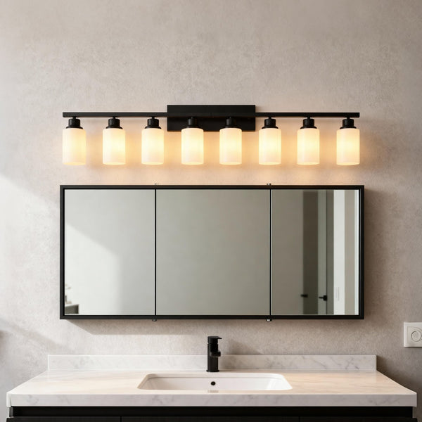 English Elm Wall Vanity Light Eight Bulb Matte Black Metal Glass Shade Modern Bathroom Fixture W5008P389870