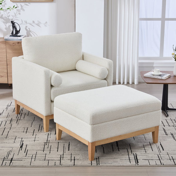 English Elm 35.4" Wide Farmhouse Upholstered Accent Chair & Ottoman Set With Coffee Table - Cozy Ivory Boucle Design W3118S00004