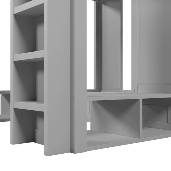 English Elm Triple Bunk Bed Wood Frame with Built in Shelves Hooks for Shared Kids Rooms Gray N7090004027E
