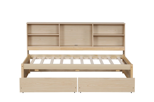 English Elm Twin Storage Bed with Bookcase Headboard Built-in Usb Charging and Two Drawers Natural W697S00038