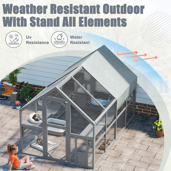 English Elm Cat, Cat Outdoor Wooden Enclosure with Seven Platforms Resting Boxes and Waterproof Canopy W1598S00040