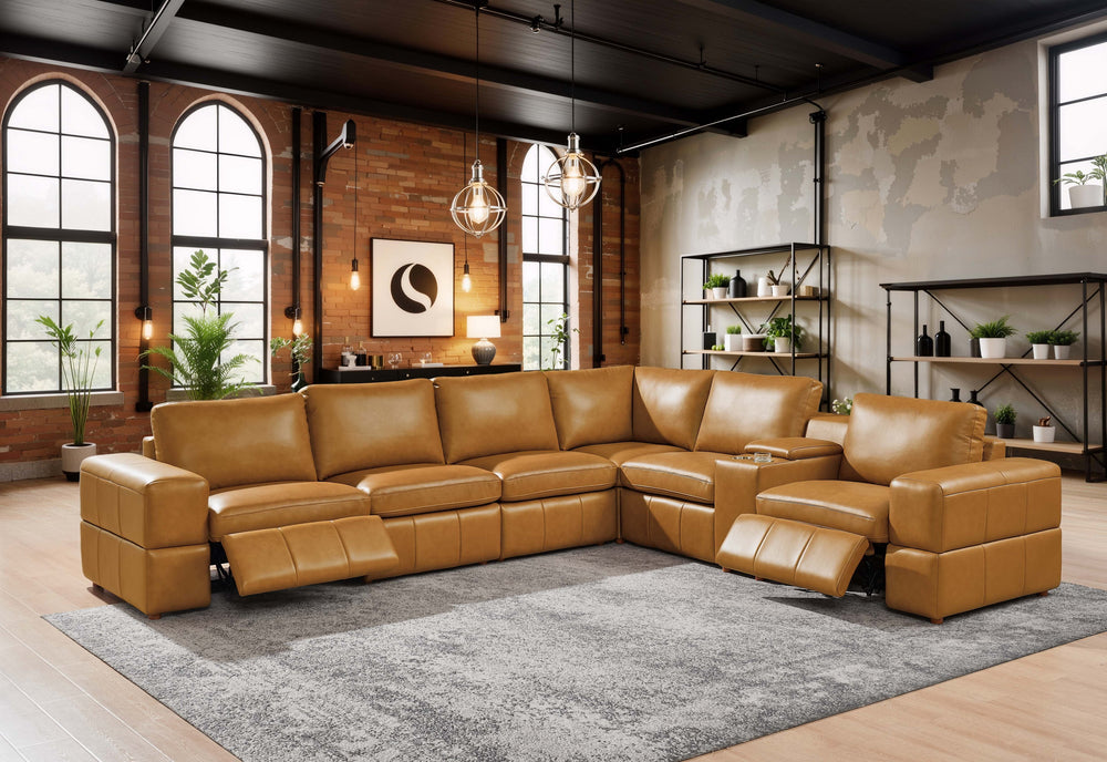 English Elm Premium Leather Match Sectional with Dual Recliners Square Arms and Console Storage Ginger B2748S00152