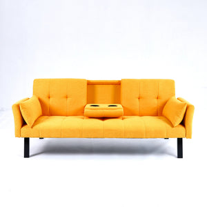 English Elm 70-inch Foldable Cotton Linen Sofa Bed with Cup Holder & Side Storage, Space-Saving 2-Seater Design Yellow W3371P337202