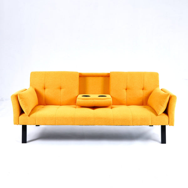 English Elm 70-inch Foldable Cotton Linen Sofa Bed with Cup Holder & Side Storage, Space-Saving 2-Seater Design Yellow W3371P337202