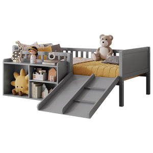English Elm Twin Low Loft Bed for Kids with Slide Climbing Structure and Movable Bookshelf W2593P457237