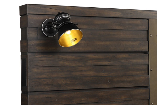 English Elm Queen Industrial Farmhouse Panel Bed with Built-In Bluetooth Speakers, USB Ports & LED Reading Lights Brown 87 L x 10 W x 4.25 H B2699S00035