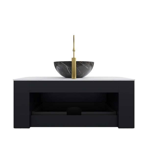 English Elm Dina Floating Bathroom Vanity Sintered Stone Top Glass Basin Striped Plywood Cabinet W2615S00265
