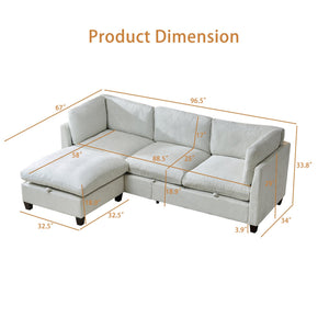 English Elm 96.5" L-shaped Chenille Sectional with Storage Ottoman Eucalyptus Frame Living Room Beige W1097S00279