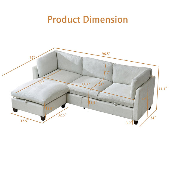 English Elm 96.5" L-shaped Chenille Sectional with Storage Ottoman Eucalyptus Frame Living Room Beige W1097S00279