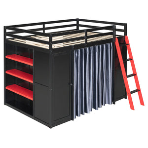 English Elm Full Size Wood Loft Bed with Wardrobe Desk Shelves Rgb Lighting and Blackout Curtains Black+Red LT000269AAJ-1