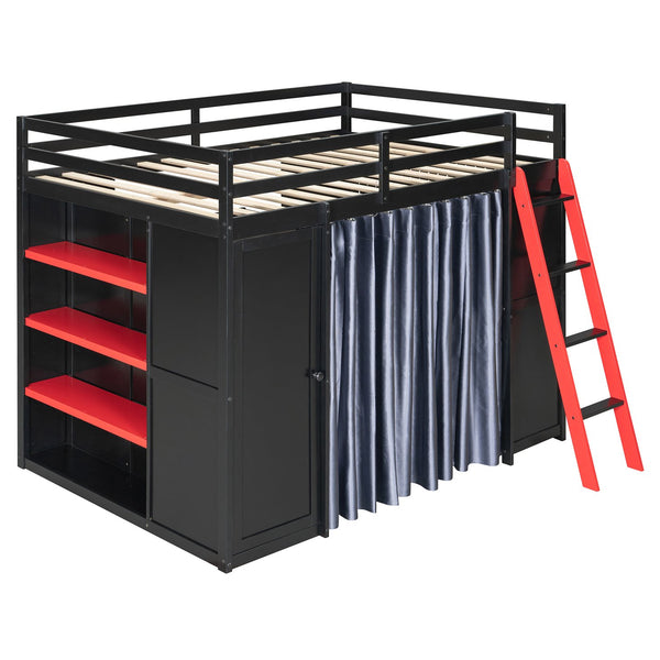 English Elm Full Size Wood Loft Bed with Wardrobe Desk Shelves Rgb Lighting and Blackout Curtains Black+Red LT000269AAJ-1