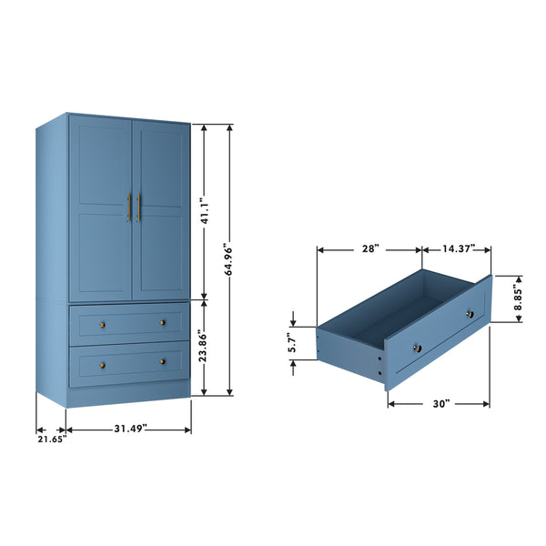 English Elm Shaker Two Door Wardrobe Armoire with Hanging Rod Drawers and Bedroom Storage T3210P477664