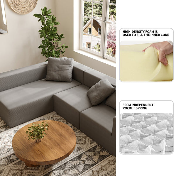 English Elm L Shaped Modular Sectional Sofa - 110" Corduroy Comfort With Movable Ottoman For Stylish Living Spaces W3670S00002