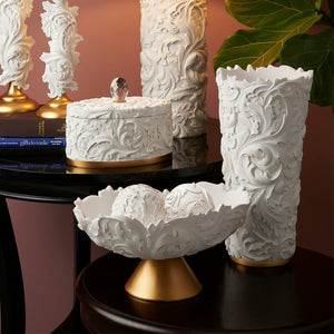 English Elm 8.75" Baroque Scroll Pedestal Bowl Set White Gold Polyresin Centerpiece with Spheres B072116431