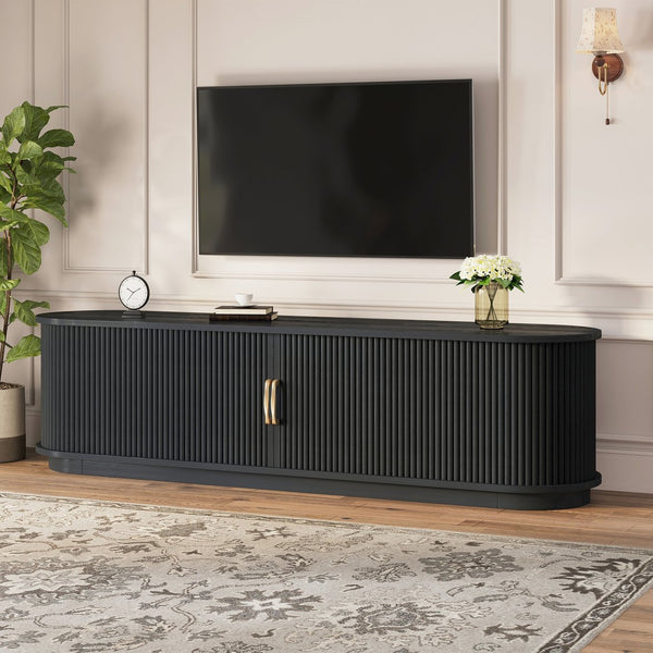 English Elm Vintage Farmhouse Media Console with Slatted Sliding Doors and Brass Hardware for Living Room Black N721P427206B