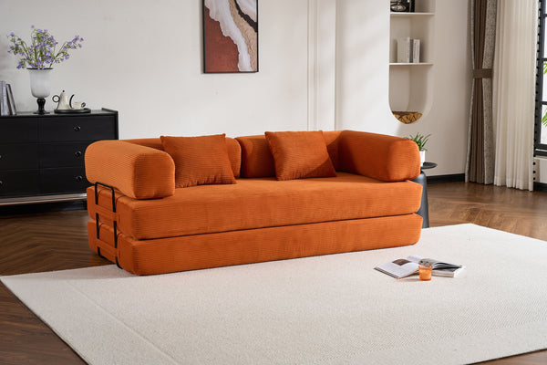 English Elm Convertible Sleeper Sofa Bed Corduroy 4-in-1 Folding Floor Couch with 35D Sponge Support and No-Assembly Orange W3434P378559