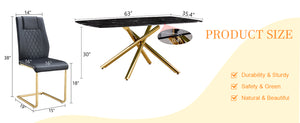 English Elm Table and Chair Set Marble Glass Top with Sculptural Gold Legs Six Seat Glam Dining Black+Gold W1151S03293