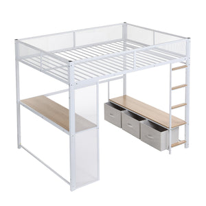 English Elm Full Metal Gaming Loft Bed with LED Lighting, Built-In Desk, Open Wardrobe and 3 Drawers for Space-Saving Comfort White GX001133AAK