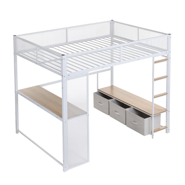 English Elm Full Metal Gaming Loft Bed with LED Lighting, Built-In Desk, Open Wardrobe and 3 Drawers for Space-Saving Comfort White GX001133AAK