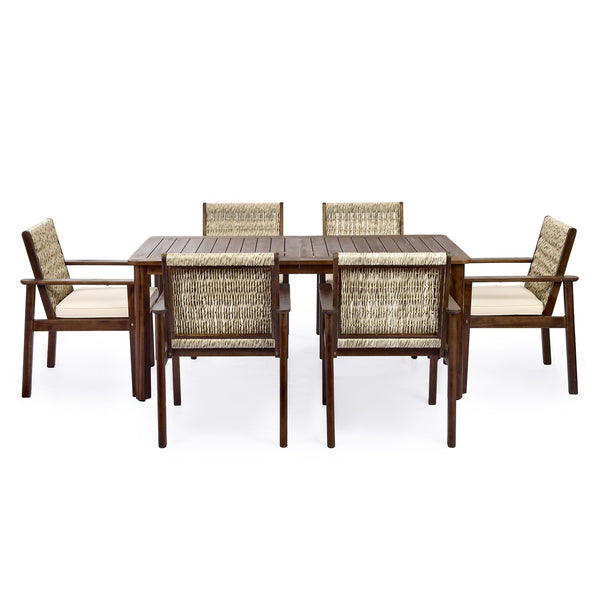 English Elm 7 Piece Outdoor Acacia Wood Dining Set Wicker Slatted Table Cushioned Patio Chairs Beige,Dark Brown N768P374497B_6_N768P374498B