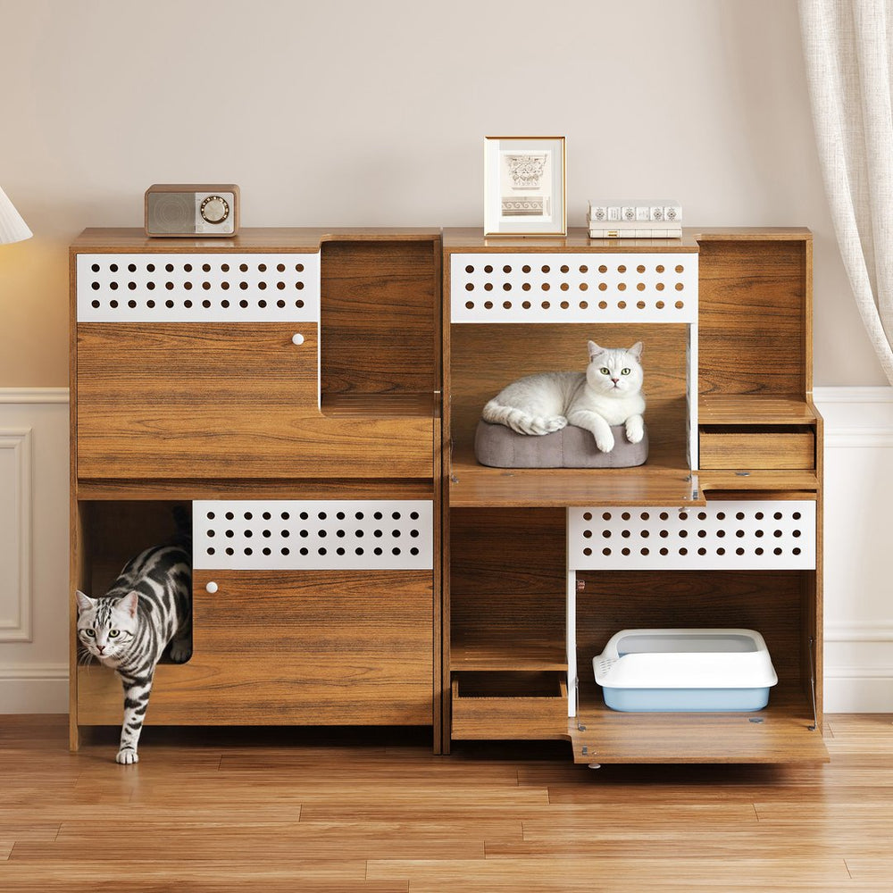 English Elm 2-piece Modern Cat Litter Box Enclosure Side Table Set with Hidden Storage N752S004342D