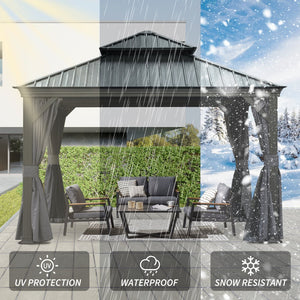 English Elm 12' X 12' Hardtop Gazebo with Drainage System, Dual-Layer Galvanized Roof, Curtains & Mosquito Netting Grey W1859S00139
