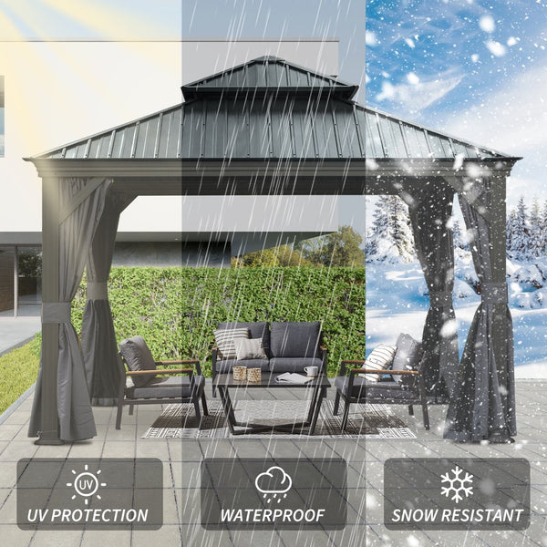 English Elm 12' X 12' Hardtop Gazebo with Drainage System, Dual-Layer Galvanized Roof, Curtains & Mosquito Netting Grey W1859S00139
