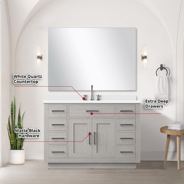 English Elm White Oak 48" Single Bath Vanity Set With White Quartz Countertop, Mirror & Faucet - Stylish Upgrade! B2731S01962-GIGA
