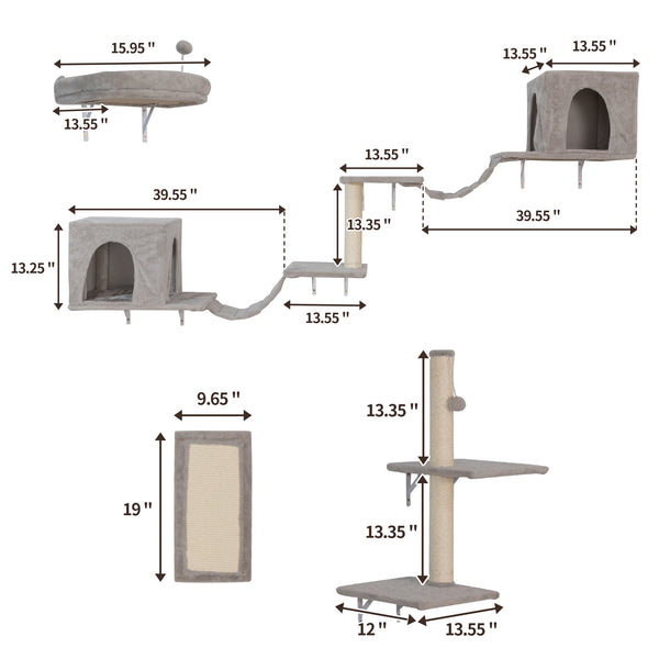 English Elm Wall-mounted Cat Tree System with Dual Condos Sisal Ladders Shelves and Perch W2181P357585