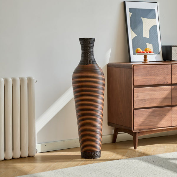 English Elm 39 Tall Designer Floor Vase 39.25" Black+Gray Two-Tone PVC Rattan 40" Modern Rustic Accent for Living Rooms W2796P193947