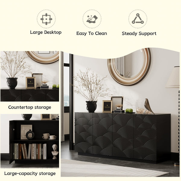 English Elm Sideboard Modern 4-Door Buffet Cabinet with Spacious Top and Enclosed Storage, Durable 66" Long Finish Black W2263P353794