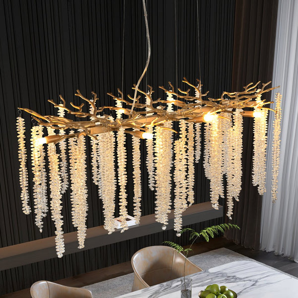 English Elm 39-Inch Modern Golden Pendant Light With Cascading Crystals - Luxurious Fixture For Living Spaces W2312P374974