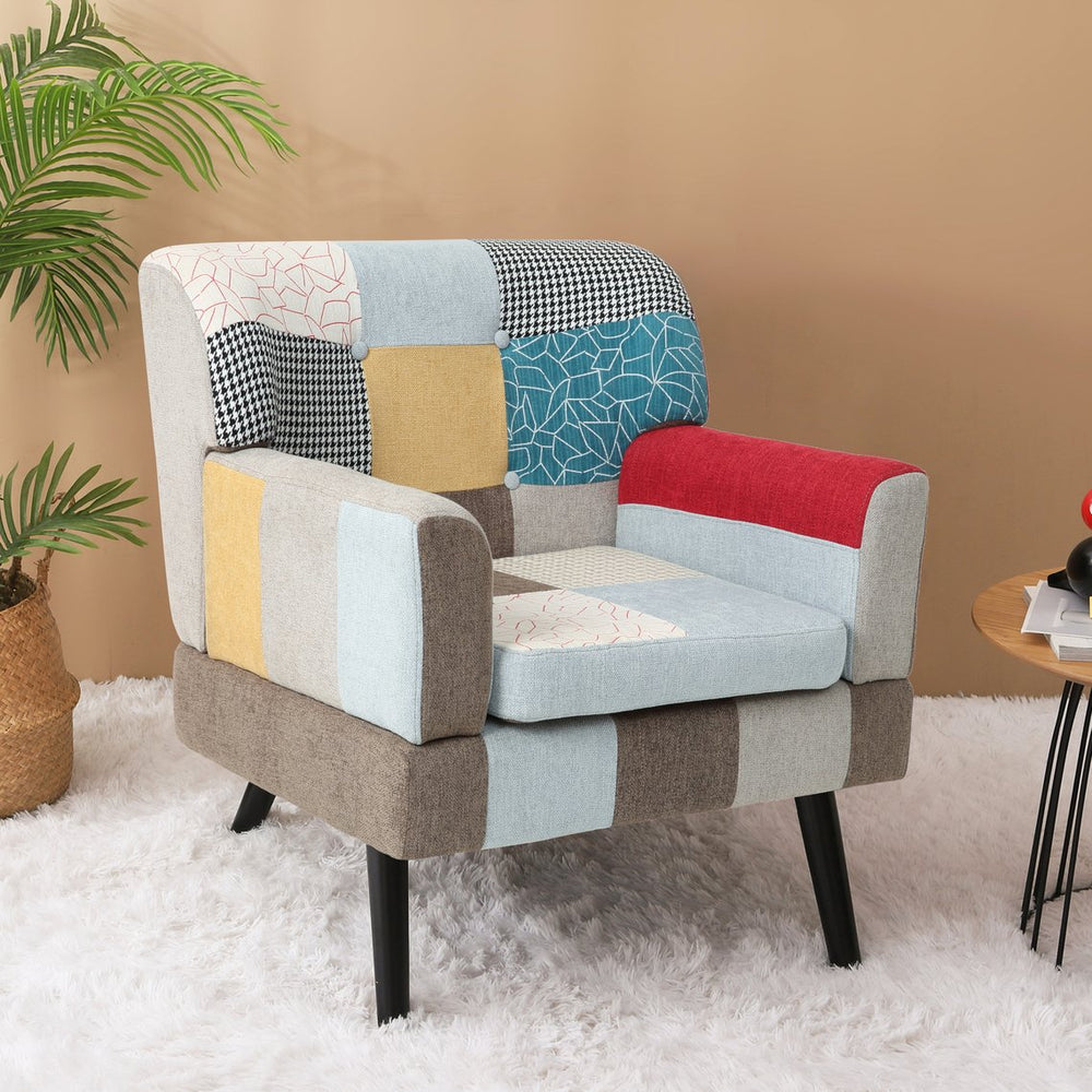 English Elm Patchwork Mid Century Modern Accent Chair - Colorful Linen Club Sofa, Solid Wood Frame, 250 lb Capacity W561P190124
