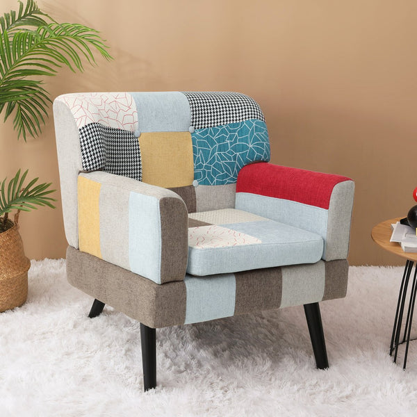 English Elm Patchwork Mid Century Modern Accent Chair - Colorful Linen Club Sofa, Solid Wood Frame, 250 lb Capacity W561P190124