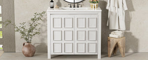 English Elm 36" Bathroom Vanity Organizer with Ceramic Sink, Solid Wood Distressed Finish, Hand-Painted Charm and Ample Storage Antique White N729P255666K