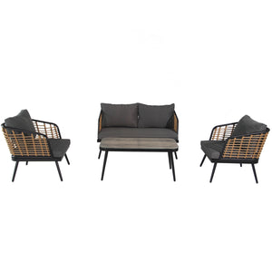 English Elm 4 Piece Patio Rattan Set with High-Rebound Cushions and Wood-Grain Tempered Glass Tabletop, Stylish Outdoor Conversation Sofa for Garden Balcony Poolside Black+Natural W2337S00003