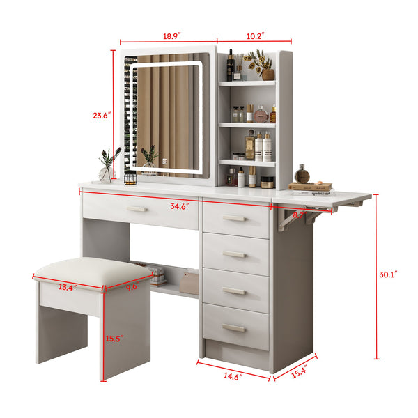 English Elm Fashion Vanity Desk With Adjustable Led Lighting, 5 Drawers, Elegant Mirror & Chair Set For Makeup W509P173272