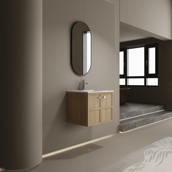 English Elm 24" Modern Wall Vanity with Ceramic Sink, Oak Plywood Cabinet, 2 Soft-Close Doors, Handles Included W1972S00021