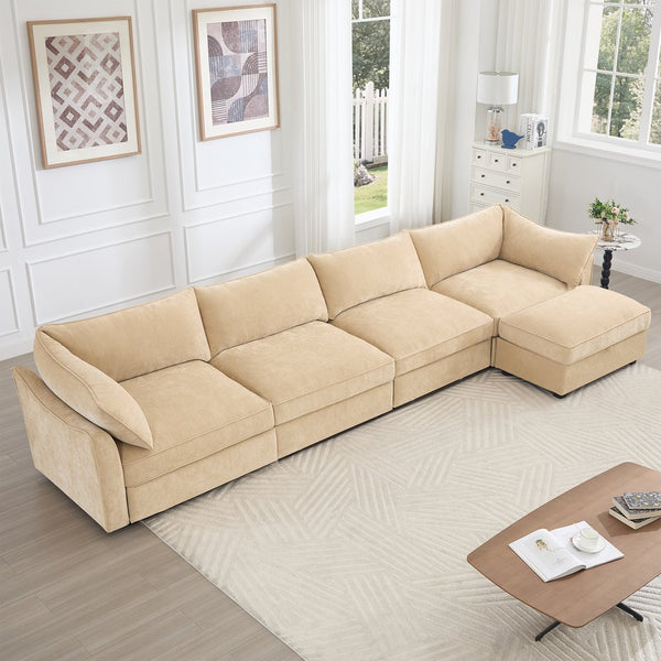 English Elm L-Shaped Modular Sofa With Movable Footstool, Storage Drawers, Crescent Armrests & Chenille Fabric W3041S00180