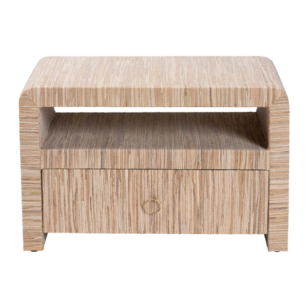 English Elm Bohemian Grasscloth Wrapped Nightstand with Drawer and Open Shelf for Boho Bedrooms B2750P467818