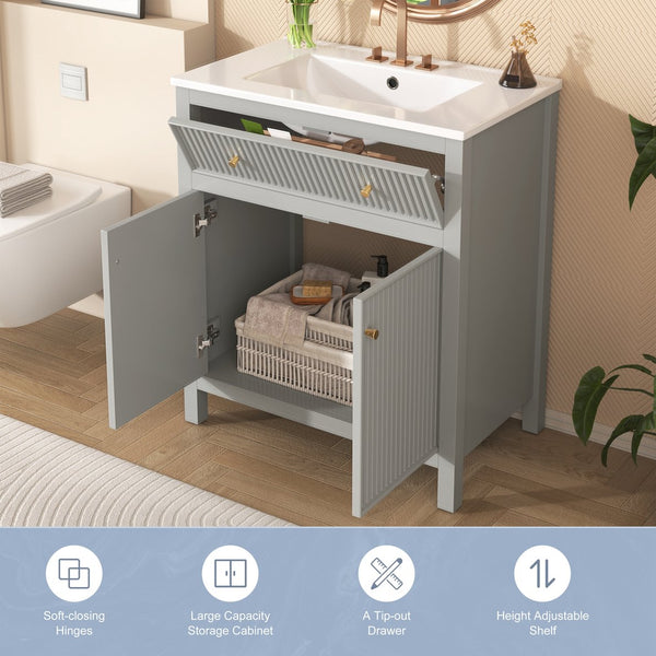 English Elm 30'' Modern Bathroom Vanity Set With Ceramic Sink, Soft-Close Doors, Grey Finish, Ample Storage Options N710P228367E