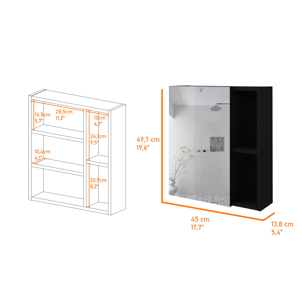 English Elm Lincoln Mirrored Medicine Cabinet with 5 Shelves Black Particle Board, Wall-Mount, 19.5"H x17.7"W B128P322311